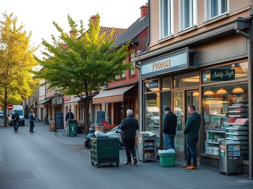 Logo Funduszy Europejskich na tle panoramy miasta Pionki, symbolizujące inwestycje i rozwój