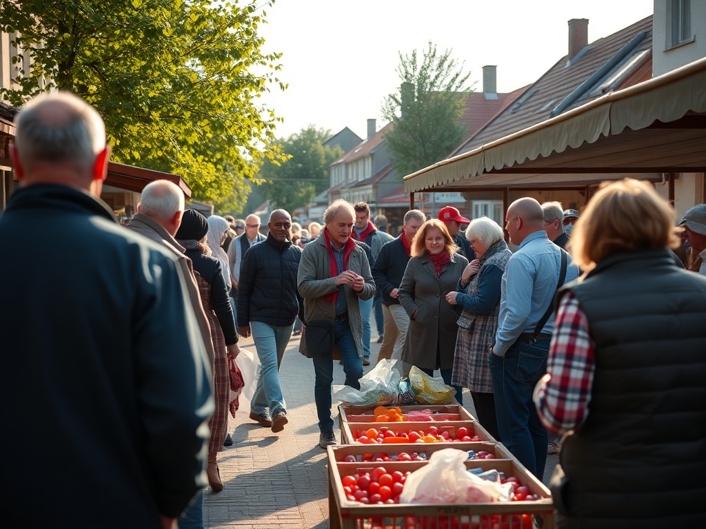 Uśmiechnięci ludzie cieszący się majówką w Pionkach, spacerujący po zielonym parku z flagami narodowymi w tle.